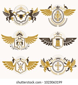 Heraldic Coat of Arms created with vintage vector elements, bird wings, animals, towers, crowns and stars. Classy symbolic emblems collection, vector set.