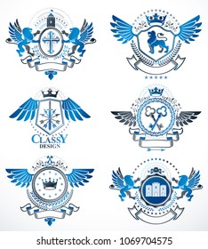 Heraldic Coat of Arms created with vintage vector elements, bird wings, animals, towers, crowns and stars. Classy symbolic emblems collection, vector set.