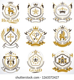 Heraldic Coat of Arms created with vintage vector elements, animals, towers, crowns and stars. Classy symbolic emblems collection, vector set.
