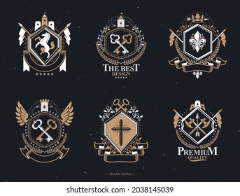 Heraldic Coat of Arms created with vintage vector elements, animals, towers, crowns and stars. Classy symbolic emblems collection, vector set.