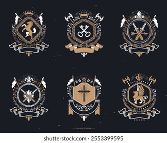 Heraldic Coat of Arms created with vintage vector elements, animals, towers, crowns and stars. Classy symbolic emblems collection, vector set.