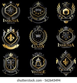 Heraldic Coat of Arms created with vintage vector elements, bird wings, animals, towers, crowns and stars. Classy symbolic emblems collection, vector set.