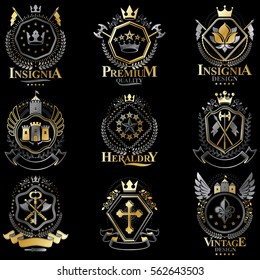 Heraldic Coat of Arms created with vintage vector elements, bird wings, animals, towers, crowns and stars. Classy symbolic emblems collection, vector set.