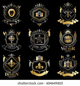 Heraldic Coat of Arms created with vintage vector elements, animals, towers, crowns and stars. Classy symbolic emblems collection, vector set.