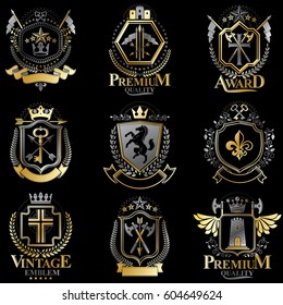 Heraldic Coat of Arms created with vintage vector elements, animals, towers, crowns and stars. Classy symbolic emblems collection, vector set.