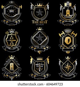 Heraldic Coat of Arms created with vintage vector elements, animals, towers, crowns and stars. Classy symbolic emblems collection, vector set.