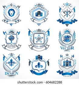Heraldic Coat of Arms created with vintage vector elements, animals, towers, crowns and stars. Classy symbolic emblems collection, vector set.
