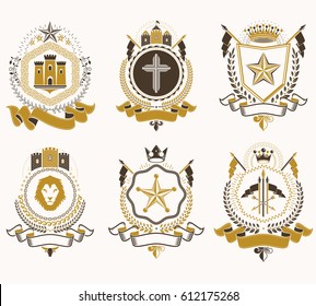 Heraldic Coat of Arms created with vintage vector elements, animals, towers, crowns and stars. Classy symbolic emblems collection, vector set.