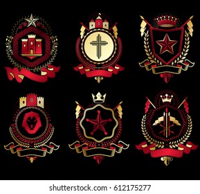 Heraldic Coat of Arms created with vintage vector elements, animals, towers, crowns and stars. Classy symbolic emblems collection, vector set.