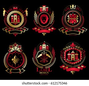 Heraldic Coat of Arms created with vintage vector elements, animals, towers, crowns and stars. Classy symbolic emblems collection, vector set.