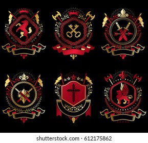 Heraldic Coat of Arms created with vintage vector elements, animals, towers, crowns and stars. Classy symbolic emblems collection, vector set.