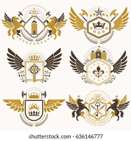 Heraldic Coat of Arms created with vintage vector elements, bird wings, animals, towers, crowns and stars. Classy symbolic emblems collection, vector set.