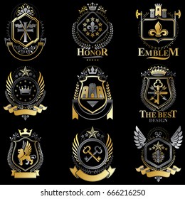 Heraldic Coat of Arms created with vintage vector elements, animals, towers, crowns and stars. Classy symbolic emblems collection, vector set.