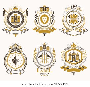 Heraldic Coat of Arms created with vintage vector elements, animals, towers, crowns and stars. Classy symbolic emblems collection, vector set.