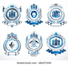 Heraldic Coat of Arms created with vintage vector elements, animals, towers, crowns and stars. Classy symbolic emblems collection, vector set.