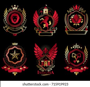 Heraldic Coat of Arms created with vintage vector elements, animals, towers, crowns and stars. Classy symbolic emblems collection, vector set.