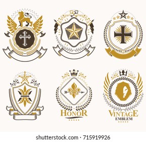 Heraldic Coat of Arms created with vintage vector elements, animals, towers, crowns and stars. Classy symbolic emblems collection, vector set.