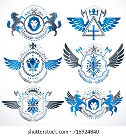Heraldic Coat of Arms created with vintage vector elements, bird wings, animals, towers, crowns and stars. Classy symbolic emblems collection, vector set.
