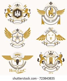 Heraldic Coat of Arms created with vintage vector elements, bird wings, animals, towers, crowns and stars. Classy symbolic emblems collection, vector set.