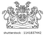 Heraldic coat of arms crest with lion supporters flanking shield and a knights helmet and filigree leaf design in vintage retro woodcut style.