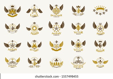 Heraldic Coat of Arms with crowns and stars vector big set, vintage antique heraldic badges and awards collection, symbols in classic style design elements, family or business logos.