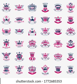 Escudo de armas heráldico con coronas vectorial gran conjunto, insignias heráldicas antiguas vintage y colección de premios, símbolos en elementos de diseño de estilo clásico, logotipos familiares o empresariales.