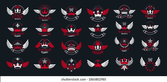 Heraldic Coat of Arms with crowns vector big set, vintage antique heraldic badges and awards collection, symbols in classic style design elements, family or business logos.