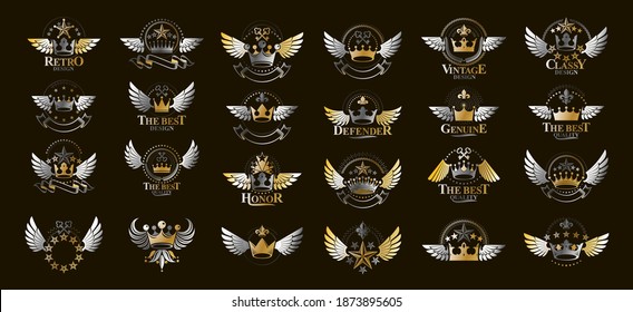 Heraldic Coat of Arms with crowns vector big set, vintage antique heraldic badges and awards collection, symbols in classic style design elements, family or business logos.