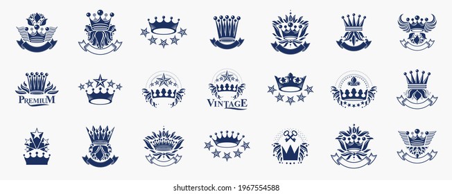 Heraldic Coat of Arms with crowns vector big set, vintage antique heraldic badges and awards collection, symbols in classic style design elements, family or business logos.