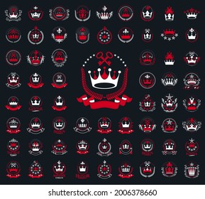 Heraldic Coat of Arms with crowns vector big set, vintage antique heraldic badges and awards collection, symbols in classic style design elements, family or business logos.