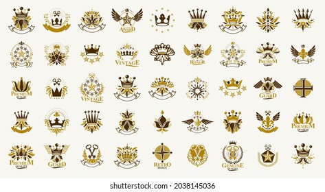 Escudo de armas heráldico con coronas vectorial gran conjunto, insignias heráldicas vintage y colección de premios, símbolos en elementos de diseño de estilo clásico, logotipos familiares o empresariales.