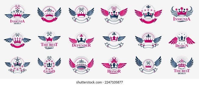 Heraldic Coat of Arms with crowns vector big set, vintage antique heraldic badges and awards collection, symbols in classic style design elements, family or business logos.