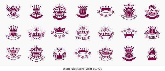 Heraldic Coat of Arms with crowns vector big set, vintage antique heraldic badges and awards collection, symbols in classic style design elements, family or business logos.