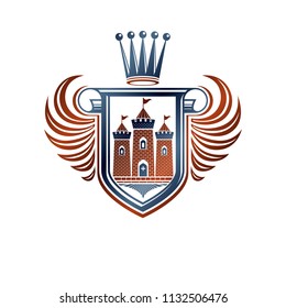 Heraldic Coat of Arms decorative emblem with medieval castle, isolated vector illustration. Winged protection shield with imperial crown, defense. 