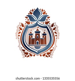 Heraldic Coat of Arms decorative emblem with medieval stronghold and lily flower, isolated vector illustration. Protection shield, defense. 