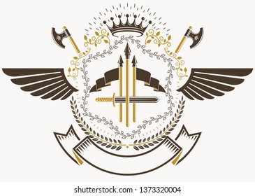 Heraldic Coat of Arms decorative emblem with bird wings, vector illustration of royal crown and armory