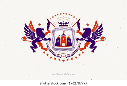 Heraldic coat of arms decorative emblem composed using medieval castle, mythic griffon and imperial crown.