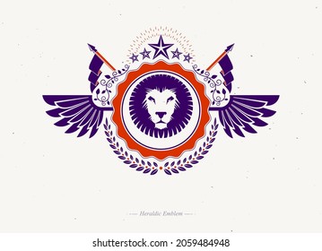 Heraldic coat of arms decorative emblem with wings created using wild lion illustration and pentagonal stars.