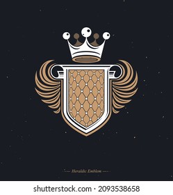Heraldic coat of arms decorative emblem with copy space and cartouche. Winged protection shield emblem created with imperial crown, isolated vector illustration.