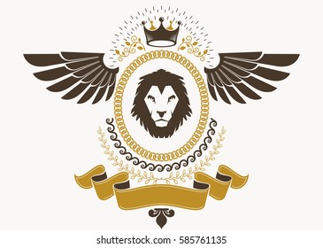 Heraldic Coat of Arms decorative emblem with bird wings, vector illustration of royal crown and wild lion