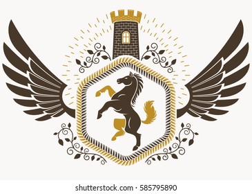Heraldic Coat of Arms decorative emblem, vector illustration of horse and medieval stronghold