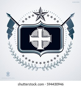 Heraldic Coat of Arms decorative emblem, vector illustration of pentagonal star and Christian cross
