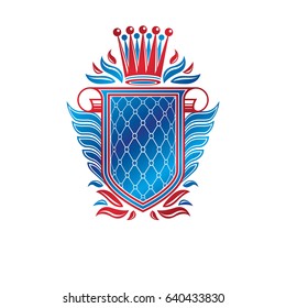Heraldic coat of arms decorative emblem with copy space and cartouche. Winged protection shield emblem created with imperial crown, isolated vector illustration.
