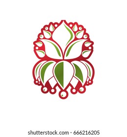 Heraldic coat of arms decorative emblem with lily flower, eco product quality. Isolated vector illustration.