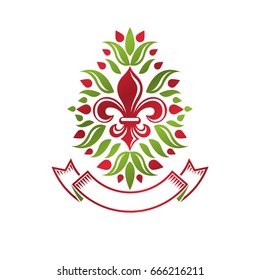 Heraldic coat of arms decorative emblem with lily flower, eco product quality. Isolated vector illustration.