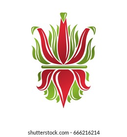Heraldic coat of arms decorative emblem with lily flower, eco product quality. Isolated vector illustration.