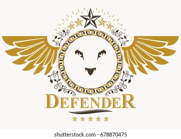 Heraldic Coat of Arms decorative emblem, vector illustration of eagle wings and wild lion illustration