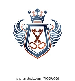 Heraldic coat of arms decorative emblem with cartouche. Empty winged protection shield emblem created with imperial crown and keys, isolated vector illustration.