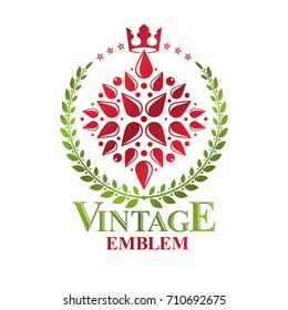 Heraldic coat of arms decorative emblem with lily flower and royal crown, eco product. Isolated vector illustration, Fleur-De-Lis.