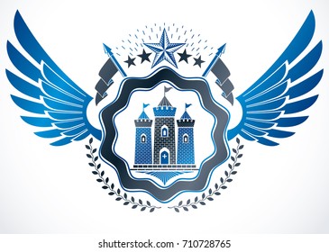 Heraldic coat of arms decorative emblem with wings created using ancient castle and pentagonal stars.